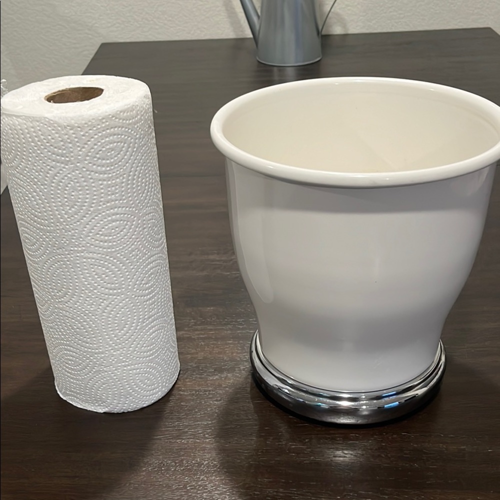 White and Silver Wastebasket